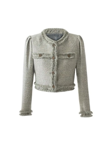 momoshero autumn and winter sea salt mousse tweed French small fragrant round neck high-end street jacket for women