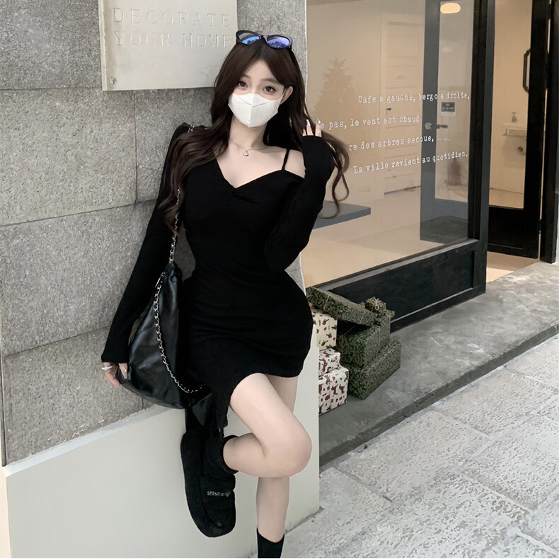 春季辣妹不規則長袖新款純欲風短款裙子連衣裙收腰修身顯瘦短裙子