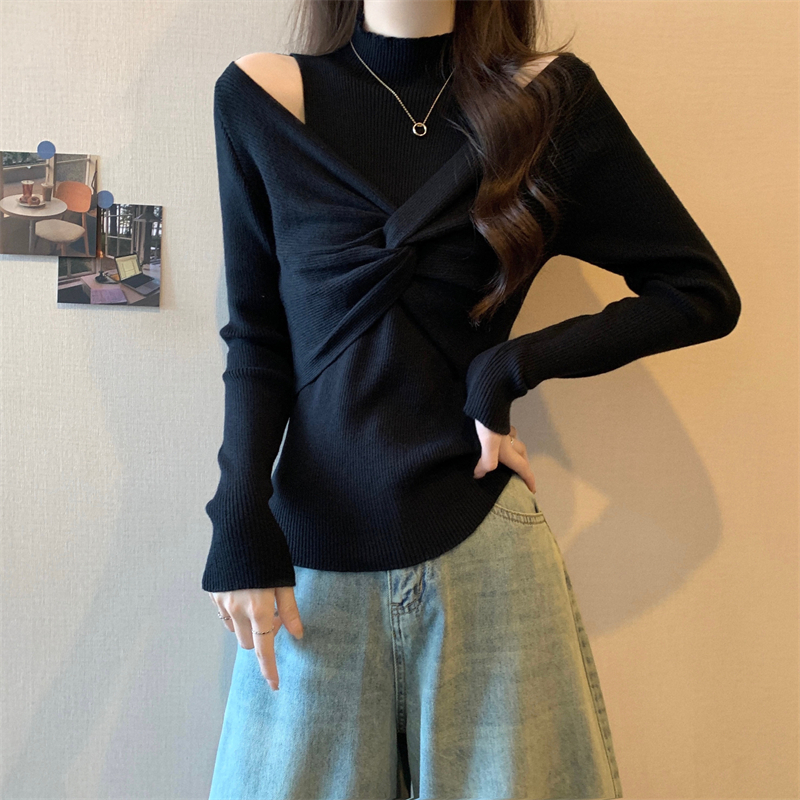 Actual shot of the new version of the Korean-style half turtleneck fake two-piece knitted sweater