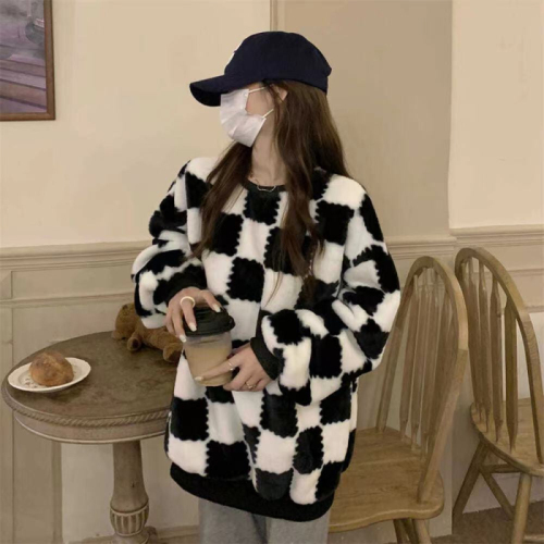 Thickened checkerboard mid-length lazy style loose sweater jacket Korean style versatile sweater