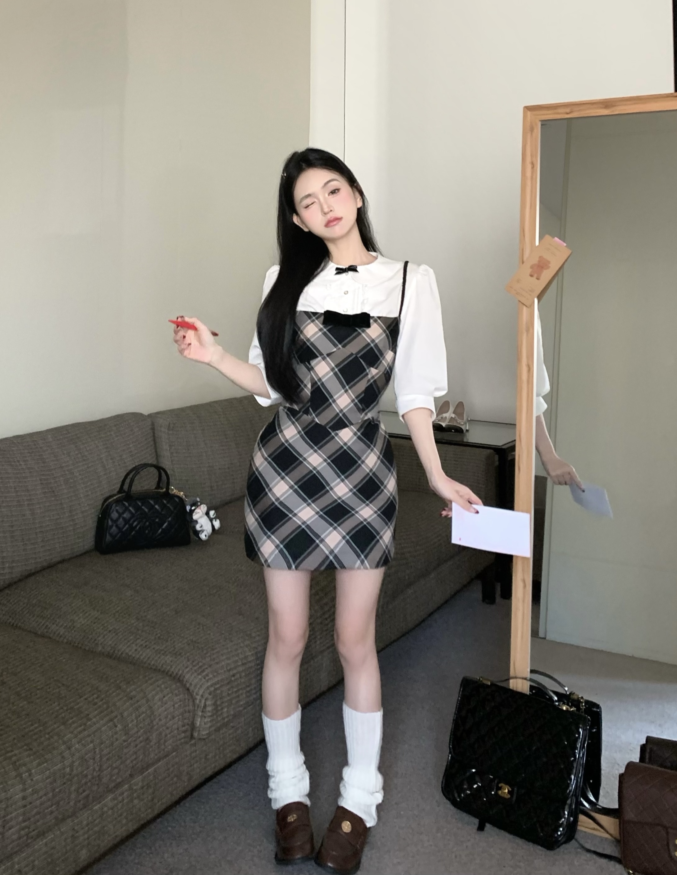 實拍 進修辣妹版 絲絨蝴蝶結 露背吊帶連衣裙 襯衫兩件套