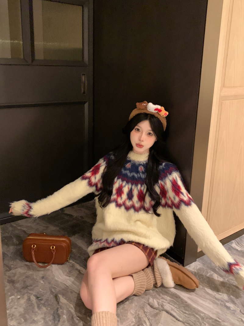 實拍 費爾島雪寶設計感慵懶風寬鬆套頭毛衣女復古內搭針織衫