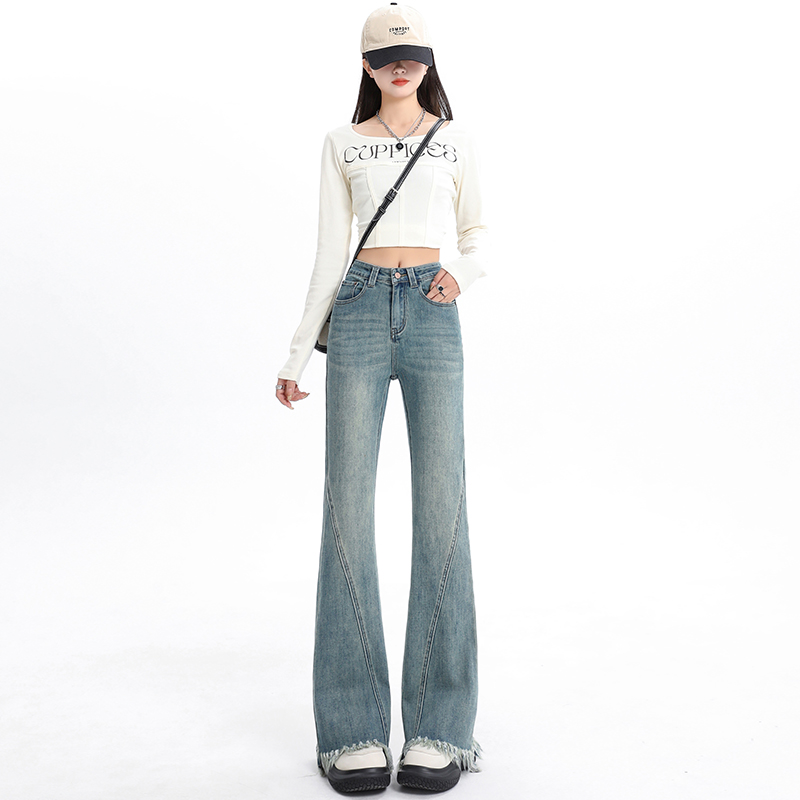 實拍~流蘇毛邊微喇叭牛仔褲女2024春季新款拼接水洗修身馬蹄褲ins