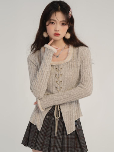 Official picture strapped splicing raw edge sweater for women autumn and winter square neck hot girl slimming temperament long-sleeved top T-shirt