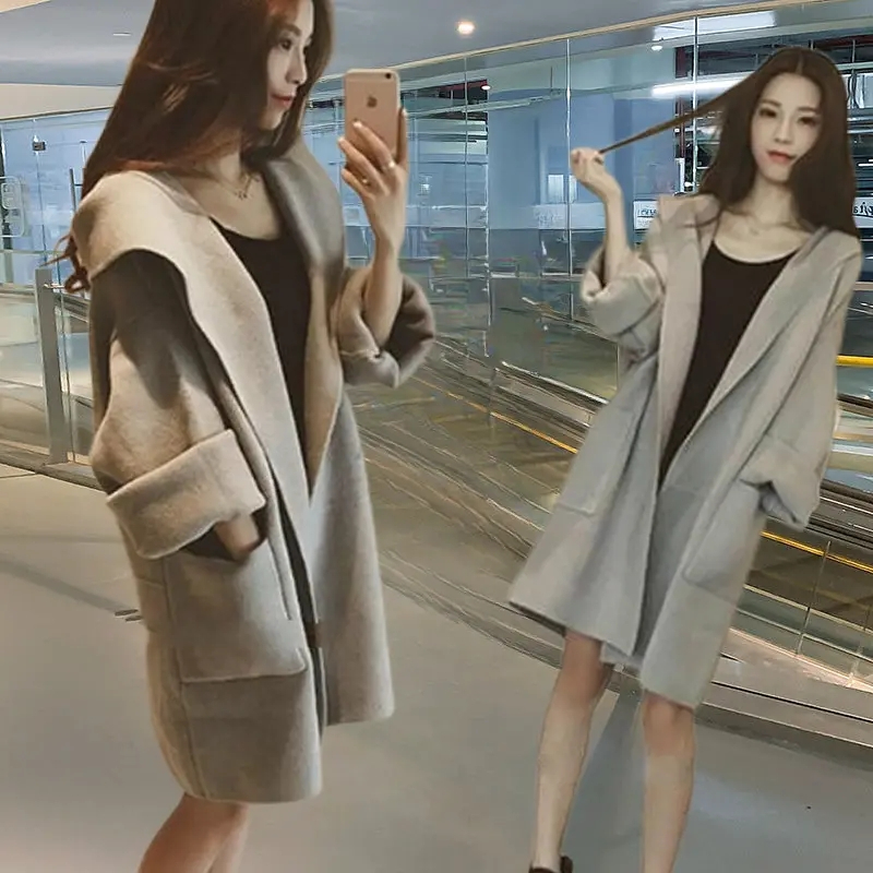Korean style autumn and winter solid color college style loose hooded mid-length woolen coat windbreaker coat for women trendy