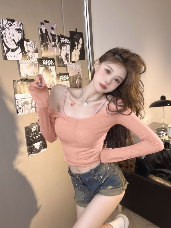 40 counts Modal 260g rayon pure lust hot girl style pink long-sleeved T-shirt for women autumn sexy slim top