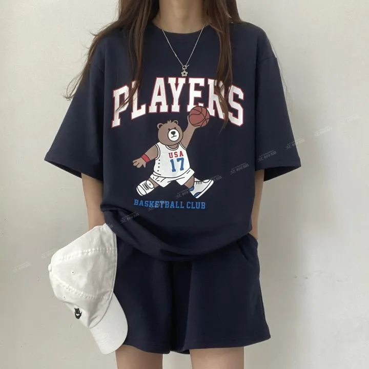 兩件套裝女大碼韓版夏休閒運動服卡通短袖短褲女裝ins潮