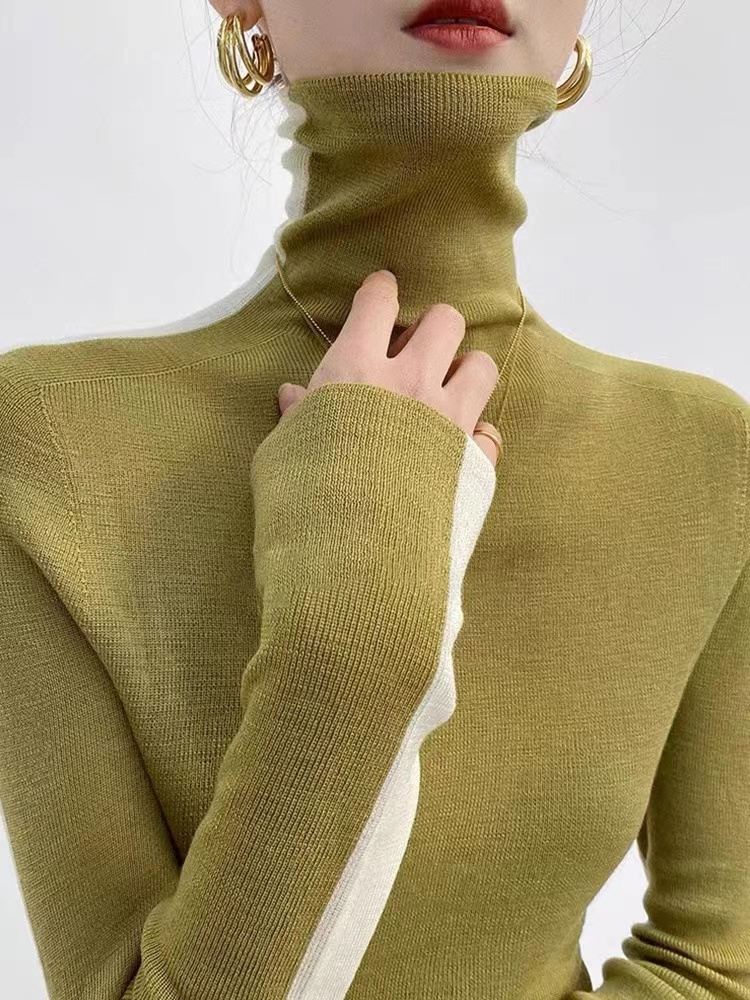 Contrast color turtleneck sweater for women in autumn and winter new style thickened western style winter fur inner layer pile collar bottoming shirt