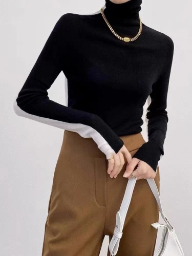 Contrast color turtleneck sweater for women in autumn and winter new style thickened western style winter fur inner layer pile collar bottoming shirt