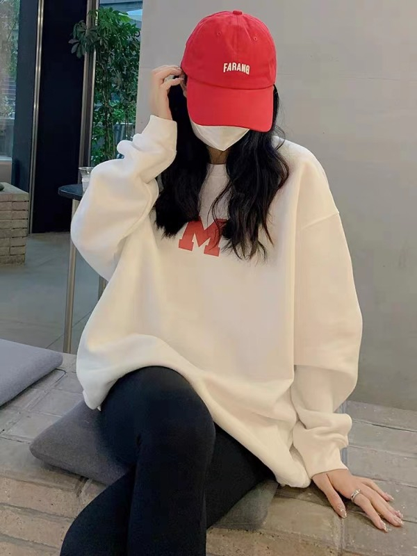 冬季圓領印花加絨加厚衛衣女情侶質量