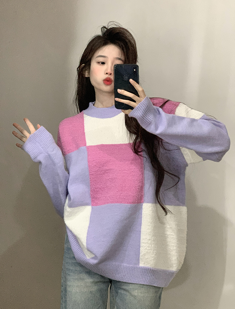 實拍～網紅同款紫色接色毛衣女長袖針織衫冬