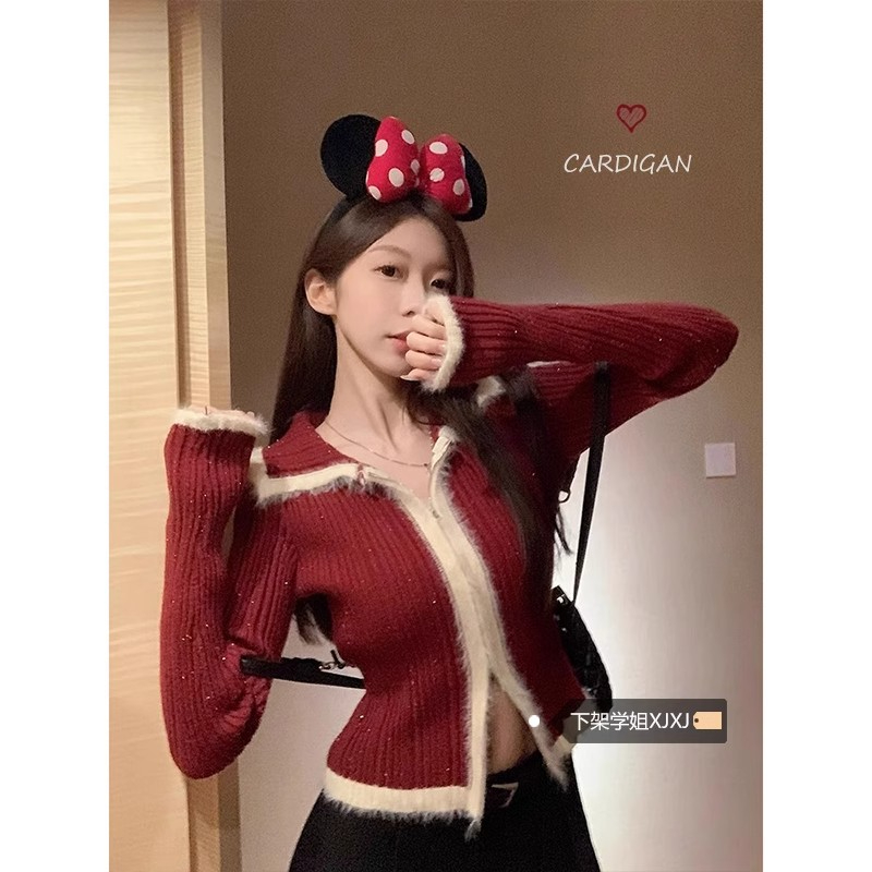 辣妹翻領紅色毛衣開衫女冬季新款拉鏈針織短款上衣潮