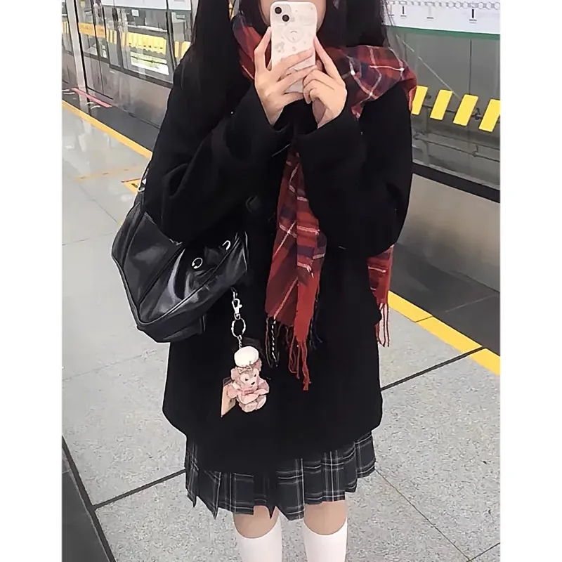College style horn button coat women's winter new small school supply JK uniform hooded woolen coat