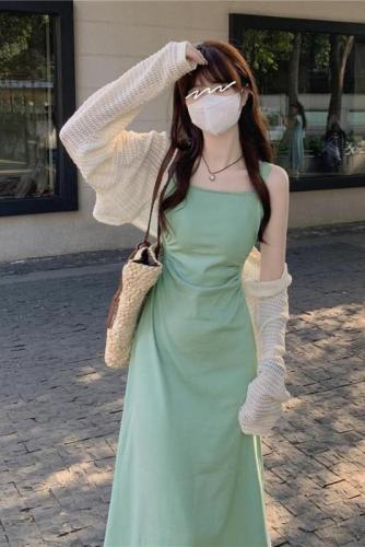 Actual shot~Spring~2024 Korean style square neck suspender knitted dress for women French waist skirt