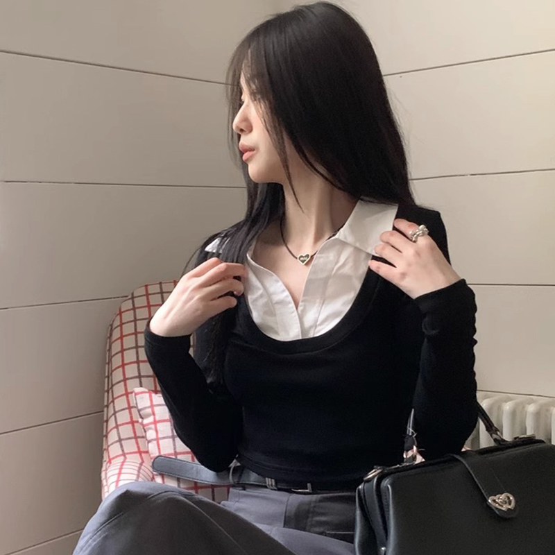 Fake two-piece short long-sleeved T-shirt for women spring and autumn splicing temperament hot girl top simple shirt