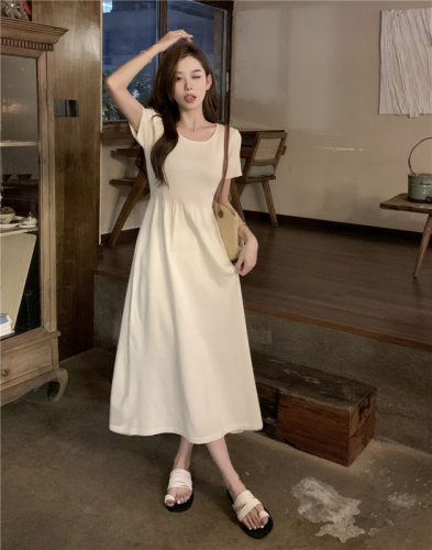 Actual shot~Spring~Korean style solid color simple round neck short-sleeved dress slimming knitted long skirt
