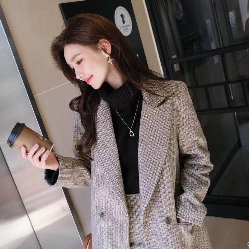 新款秋冬韓版時尚中長款外套包臀短裙女兩件套格子毛呢套裝女