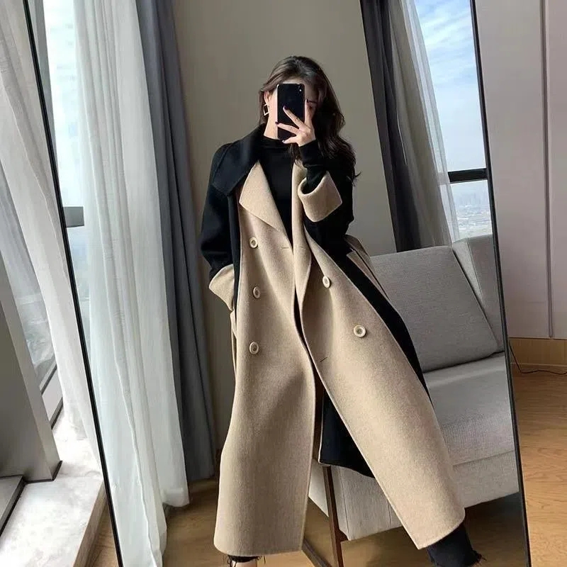 Woolen coat women's long style winter new double-sided fleece wool color matching temperament Hepburn style slim coat