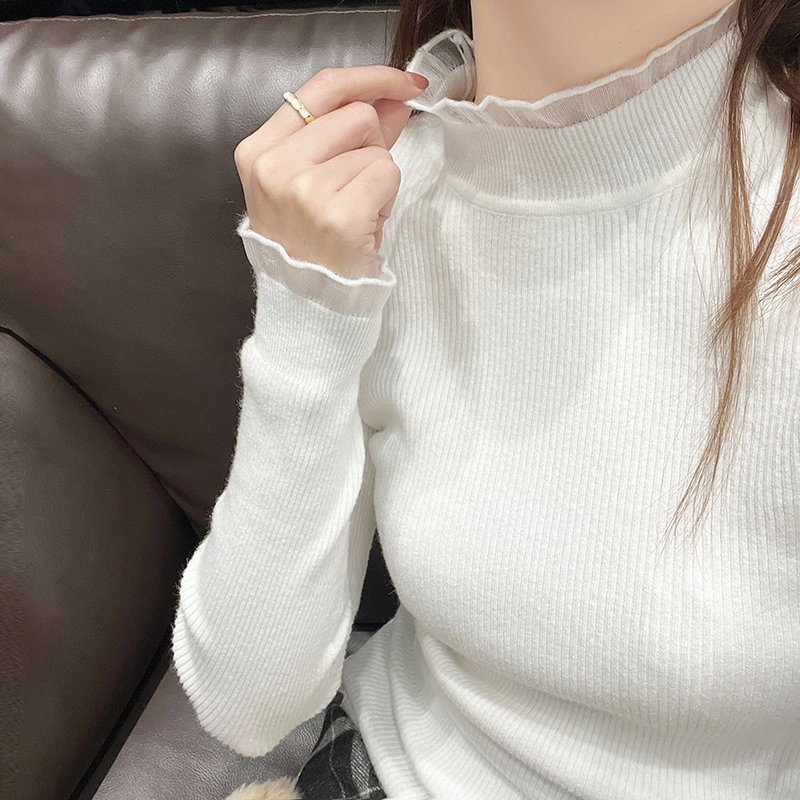 實拍法式小香風打底針織衫女冬季內搭半高領蕾絲拼接毛衣上衣