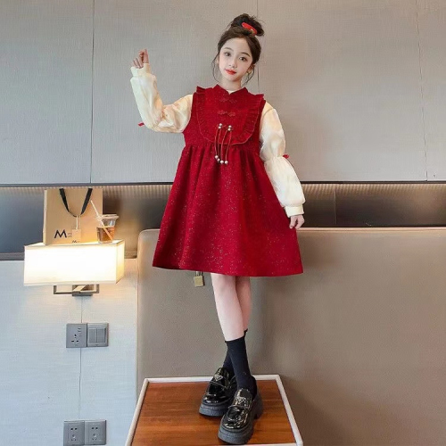 女童红色连衣裙2024新年拜年服装盘扣复古新中式背心裙打底衫上衣