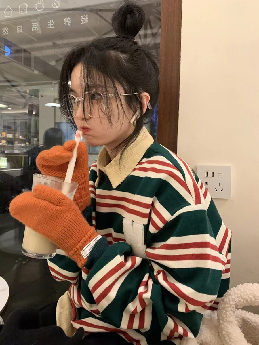 美式復古撞色條紋長袖衛衣女春秋款oversize休閒chic港風寬鬆上衣