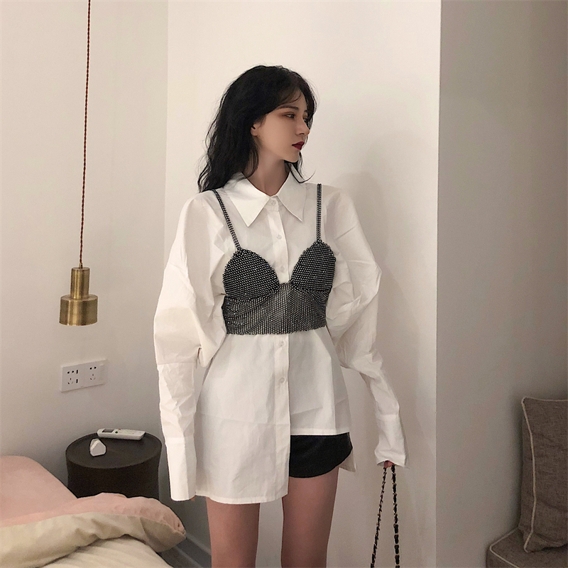 實拍~ 泡泡袖宮廷風襯衫中長款+手工縫製閃閃鑽石背心外穿
