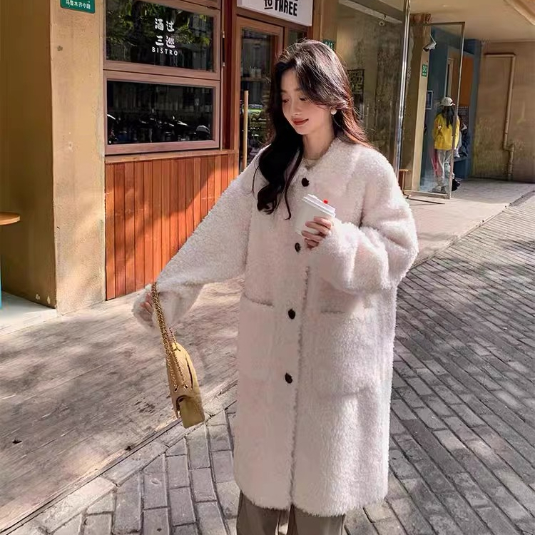 New Korean style winter mid-length lamb velvet slim, simple, versatile and simple coat for women
