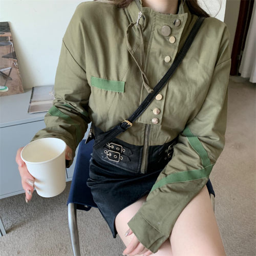Actual shot ~ 2024 Spring Army Green Workwear Stand Collar Jacket Waist Stitching Wide Leather Corset Waist Slimming Short Jacket