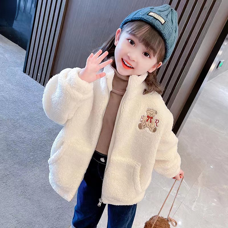 女童秋冬保暖卡通小熊加絨外套時尚洋氣韓版衛衣羊羔毛女孩冬裝潮