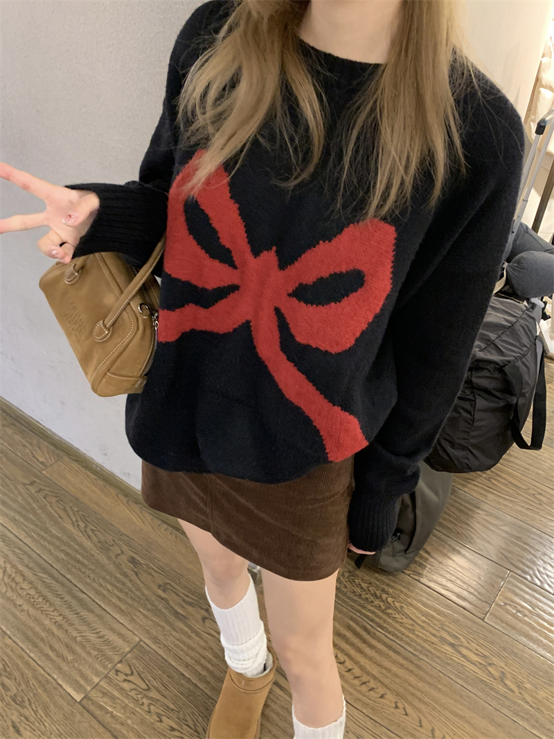 實拍~韓系鬼馬少女蝴蝶結提花寬鬆圓領毛衣上衣