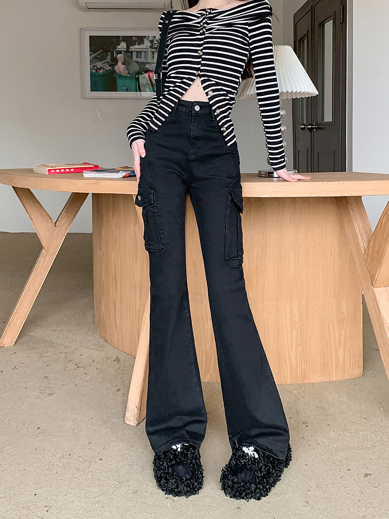 實拍~美式高腰微喇牛仔褲女秋季新款復古修身顯瘦垂感工裝褲