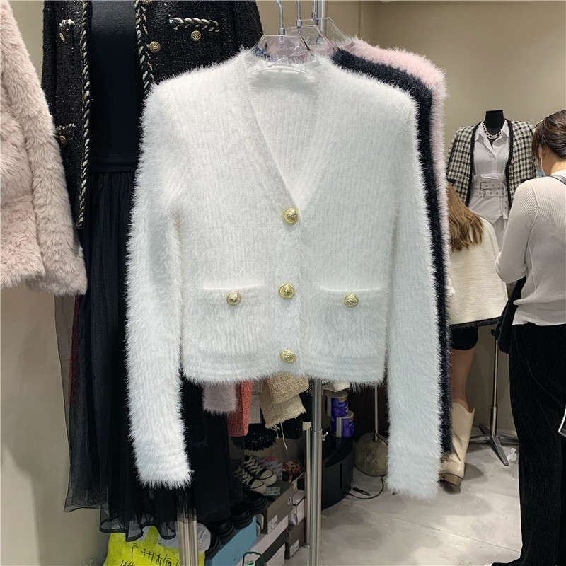 New style retro small fragrance celebrity V-neck mink fur slim fit short knitted cardigan sweater jacket