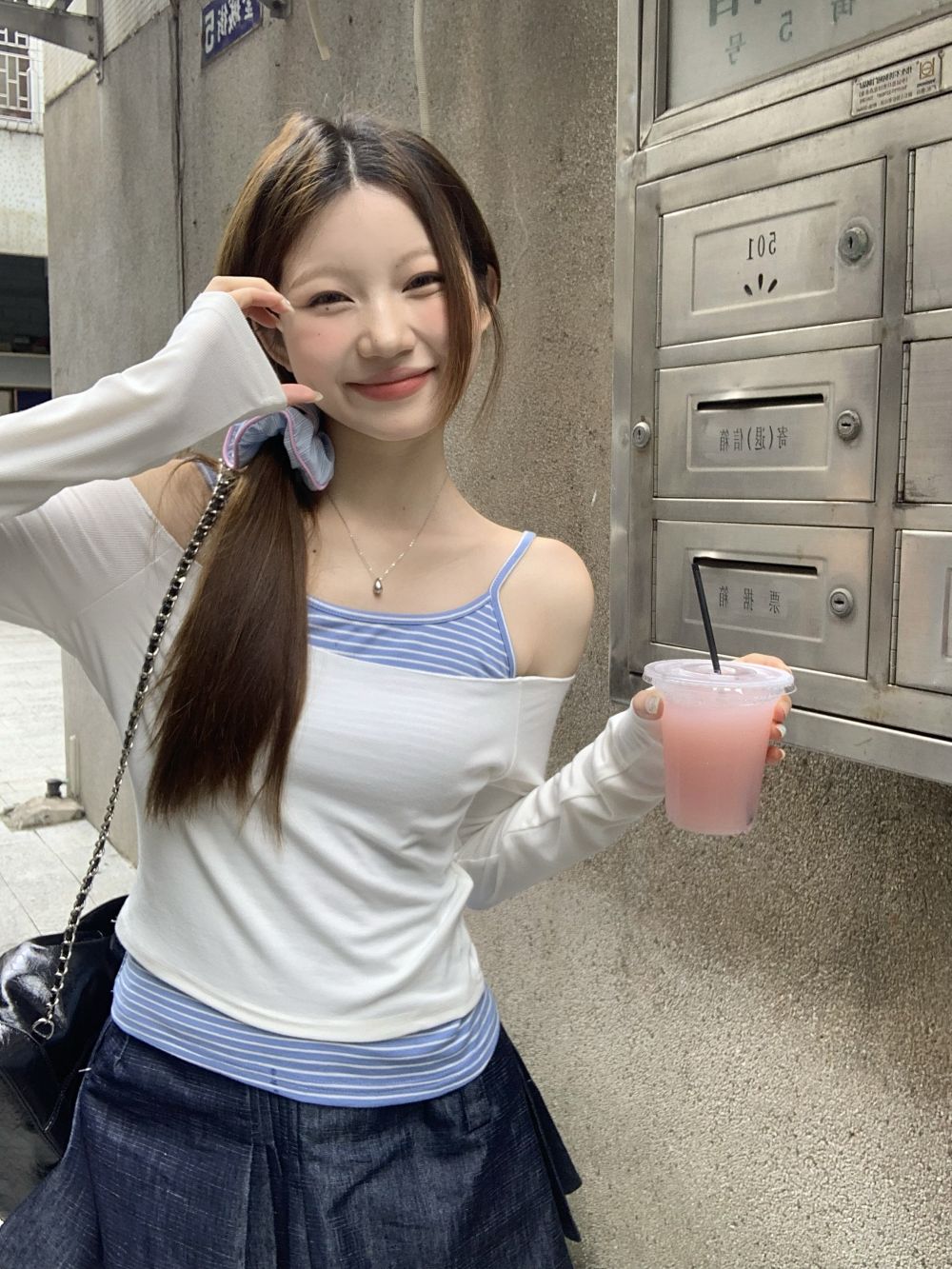 實拍三標齊小個子休閒套裝條紋吊帶+防曬長袖罩衫