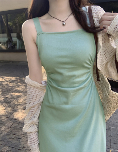 Actual shot~Spring~2024 Korean style square neck suspender knitted dress for women French waist skirt