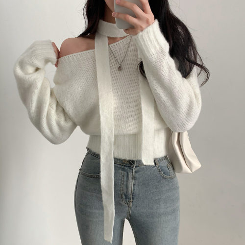 Korean chic gentle one-line collar temperament off-shoulder sweater long-sleeved knitted top with scarf