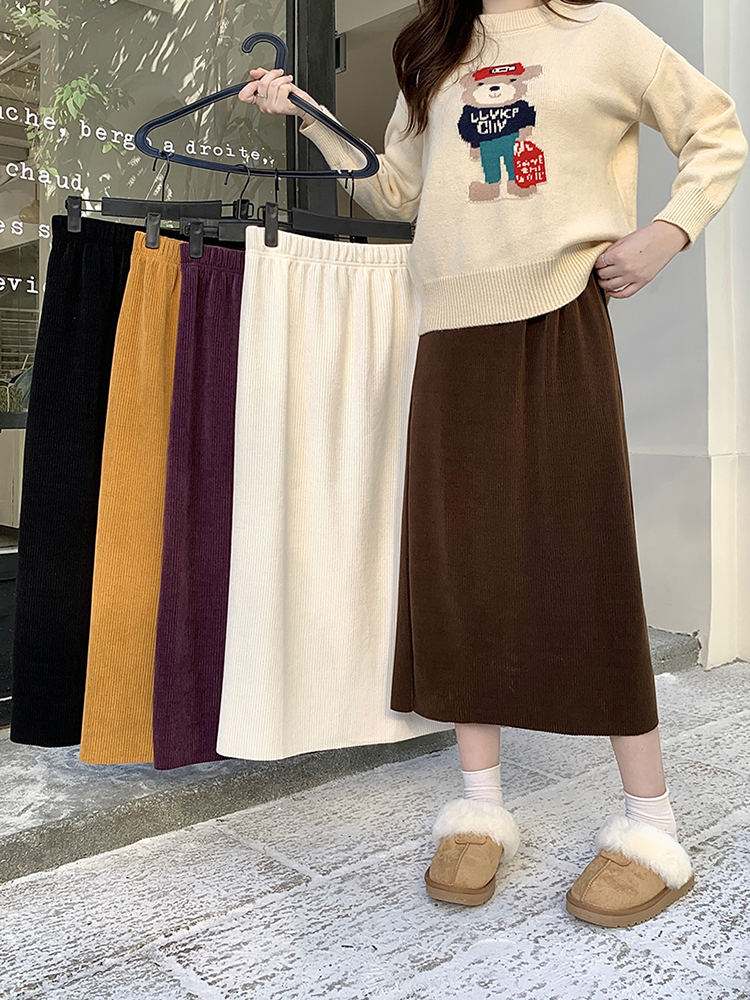 Actual shot of 2024 spring new style fat mm plus size women's elastic waist slimming big swing thickened versatile back slit skirt