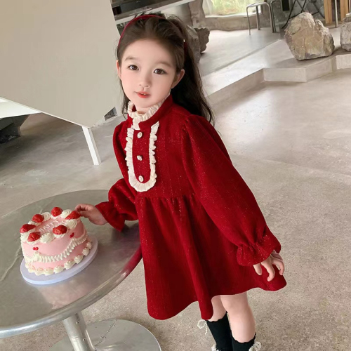 2024 New Year Year of the Dragon Girls Dress Warm Princess Red A-Line Skirt Half Turtle Collar Lace Trim Birthday Dress