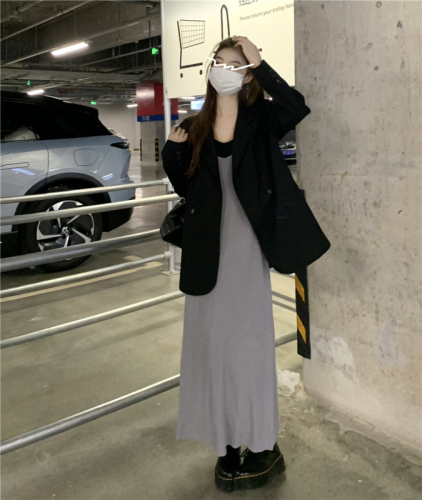 Real shot~Spring~2024 Korean style loose V-neck suspender dress female niche knitted skirt