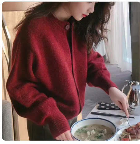 ‍車厘子紅色毛衣女秋冬韓版外穿寬鬆慵懶風短款小個子針織開衫外