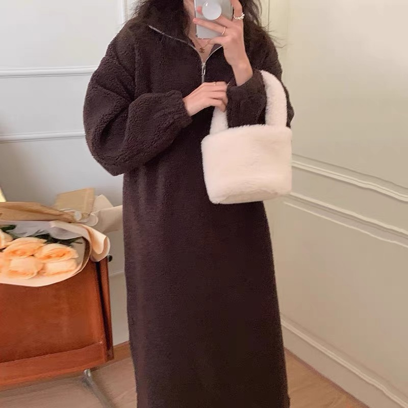 韓國chic秋冬復古慵懶風立領拉鏈寬鬆休閒長款羊羔毛連衣裙女