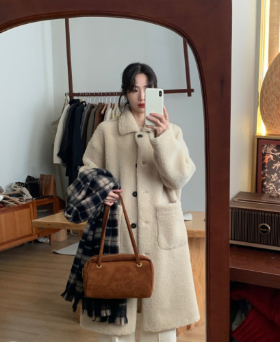 Korean style lazy style high-end lamb velvet coat jacket women's mid-length autumn and winter new style