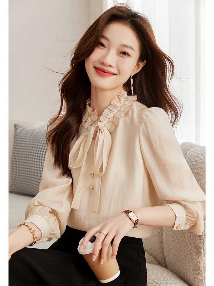 Lace stand-up collar lace-up long-sleeved shirt spring and autumn 2024 new women's temperament versatile commuting top