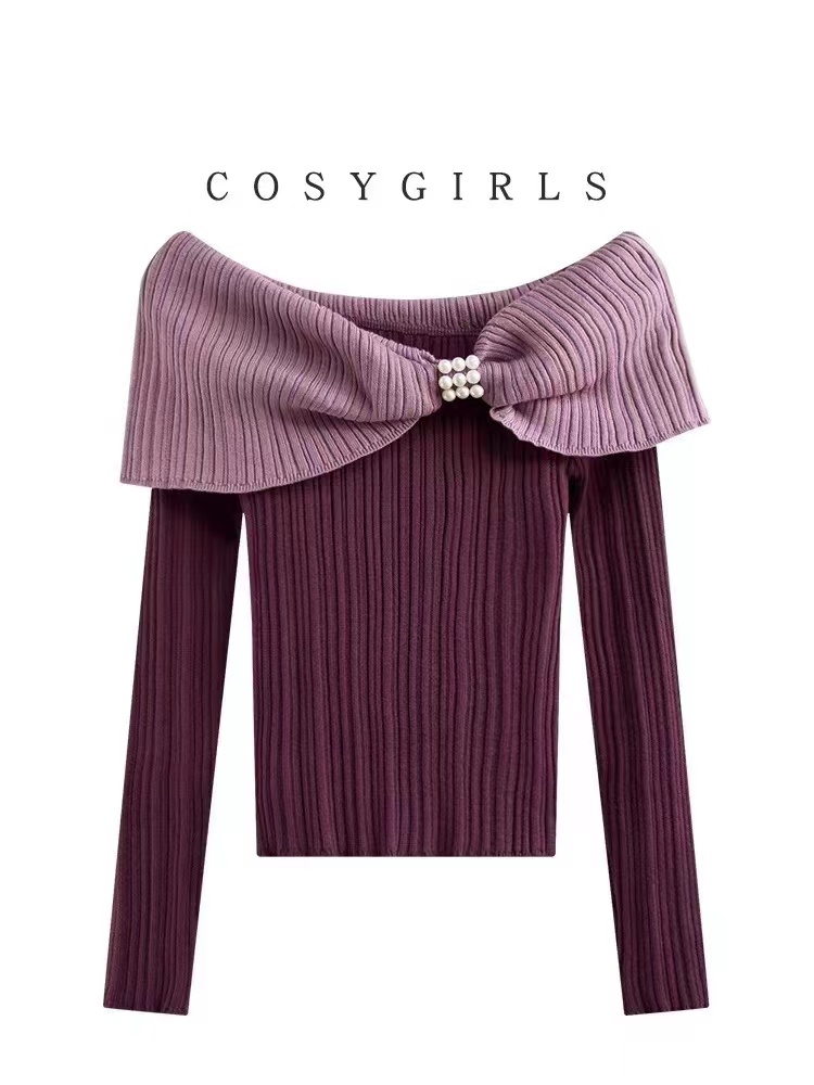 Contrast color gentle style one-shoulder slim-fit pearl sweater for women in autumn and winter slimming off-shoulder bottoming shirt