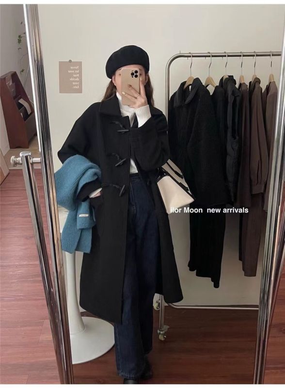 No ball horn buckle Japanese style woolen coat for women autumn and winter new style mid-length woolen coat for small people
