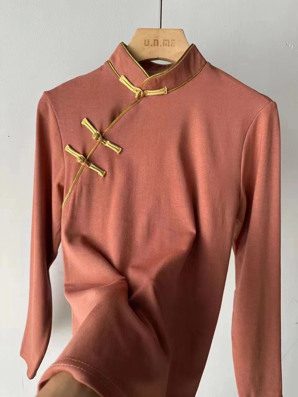 Spring and Autumn New Style Chinese Stand Collar Retro Button Top National Style Pink Loose Versatile Long Sleeve Bottoming Shirt
