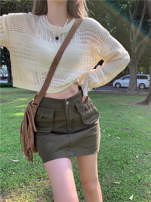 Hollow sun protection knitted blouse for women 2024 new retro loose and versatile design niche long-sleeved versatile top