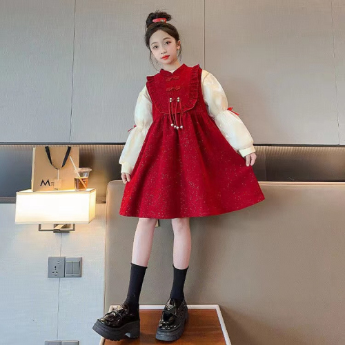 女童红色连衣裙2024新年拜年服装盘扣复古新中式背心裙打底衫上衣