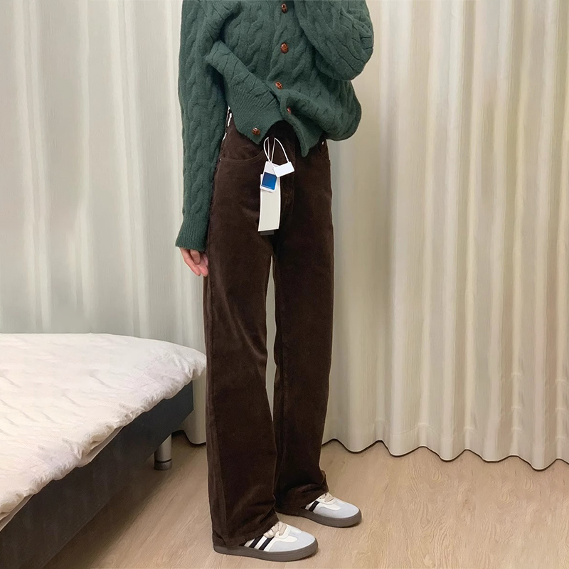 咖色燈芯絨闊腿褲子女秋冬款窄版加絨棕色高腰垂感休閒直筒褲長褲