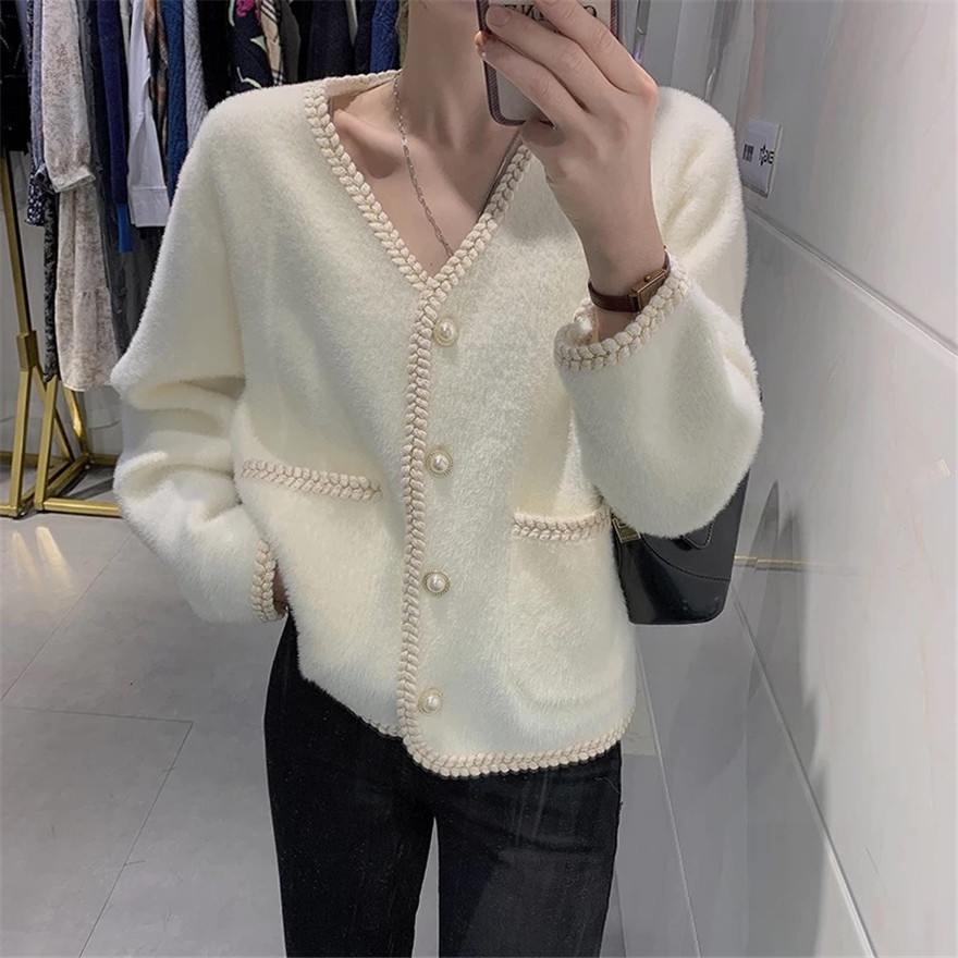 Korea Dongdaemun chic cardigan imitation mink V-neck cardigan loose lazy style jacket women's top