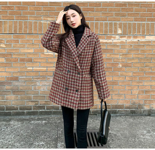 Velvet thickened woolen coat mid-length autumn and winter new plaid loose double-breasted coat